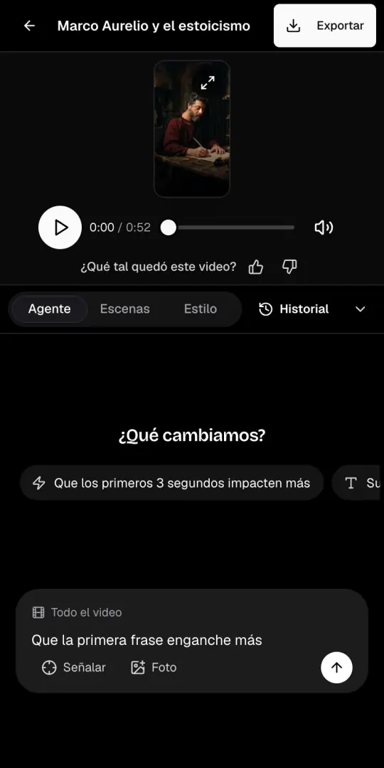 La pestaña Agente de la página del video, con el pedido «Que la primera frase enganche más» escrito en la caja de chat.