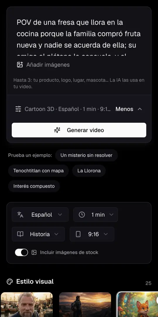 La caja de la idea del Agente de IA en un teléfono, con la idea de objetos que hablan escrita, el botón Añadir imágenes y Generar video debajo.