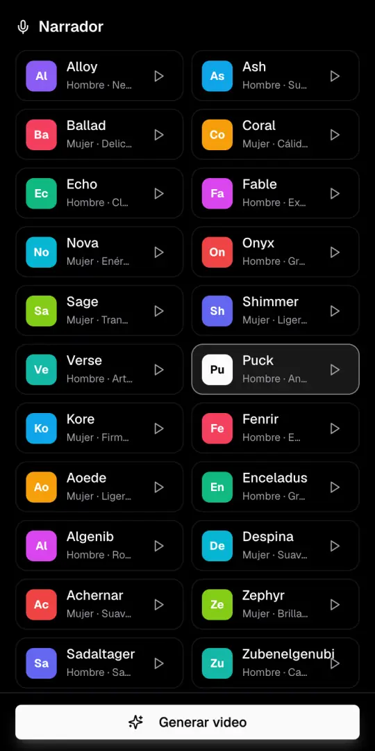 La lista de voces del Narrador con Puck marcada y el botón para escuchar cada voz.