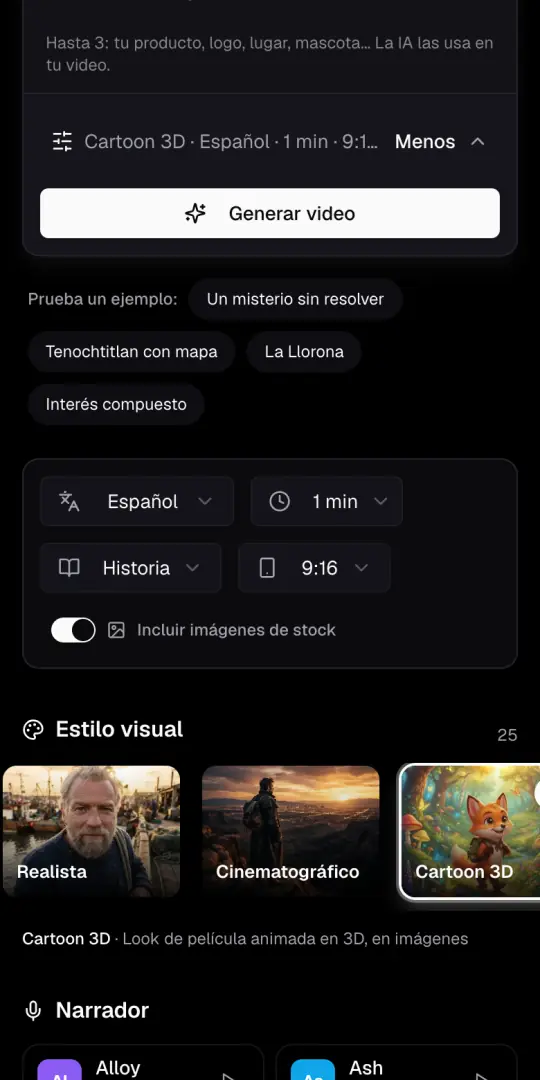 La línea de opciones del Agente de IA y los menús de idioma, duración, formato y 9:16, con el interruptor de imágenes de stock.