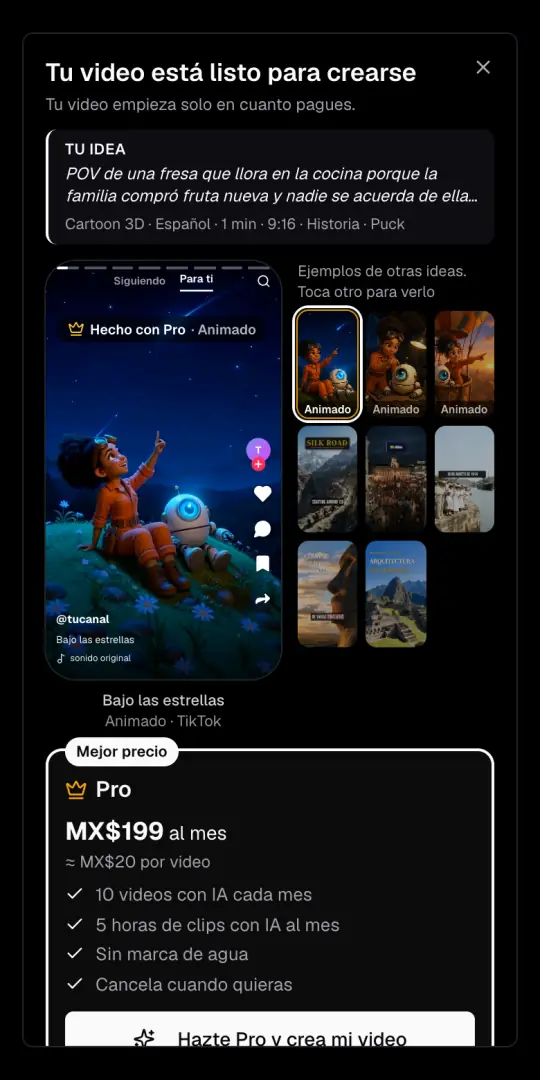 La ventana «Tu video está listo para crearse», con la idea y las opciones arriba, ejemplos hechos con Pro y el plan Pro con su precio en pesos mexicanos.