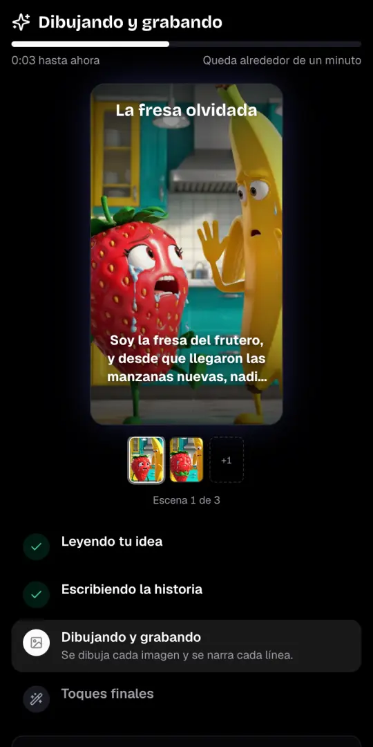 La pantalla «Dibujando y grabando» con la primera imagen del video de objetos que hablan, su línea de narración y los cuatro pasos debajo.