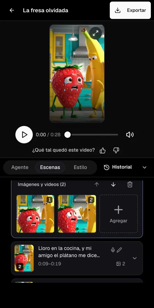 La página del video de objetos que hablan con la vista previa arriba y la pestaña Escenas abierta, con las imágenes de la primera escena.