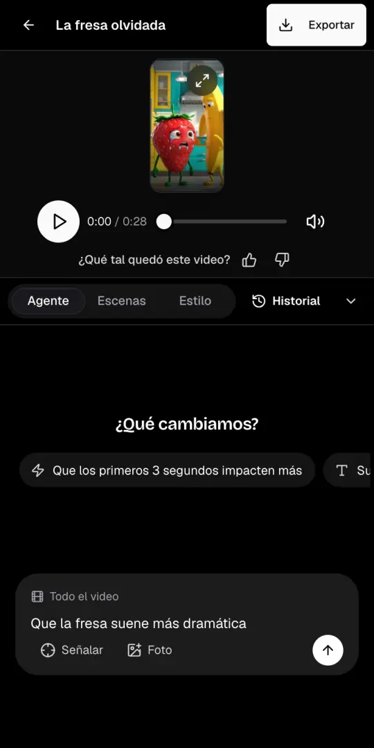 La pestaña Agente de la página del video, con el pedido «Que la fresa suene más dramática» escrito en la caja de chat.