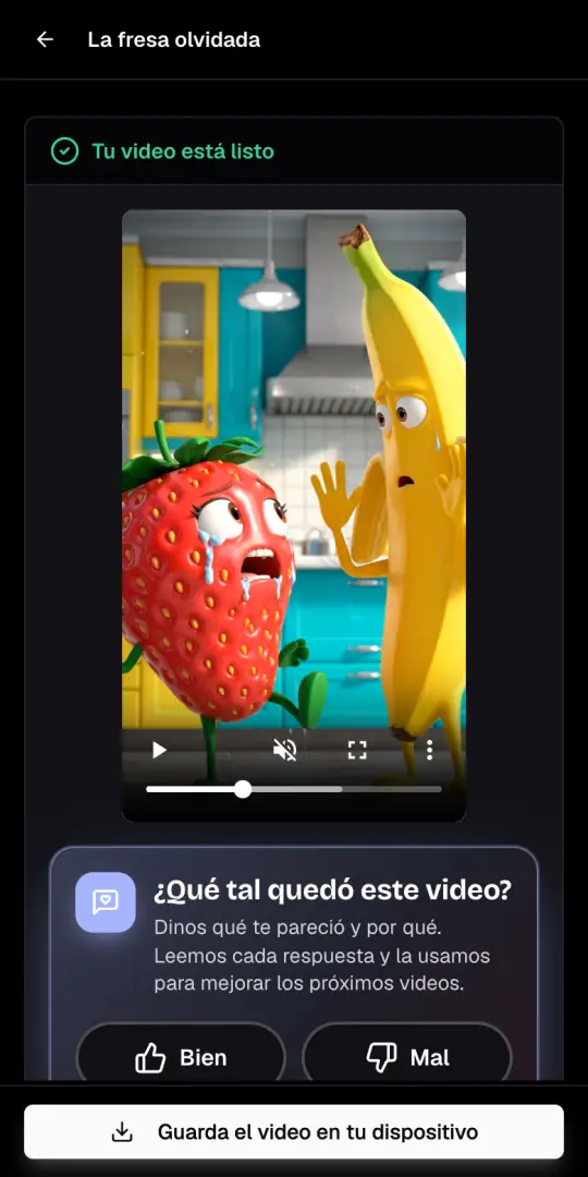 El video de objetos que hablan exportado, con el mensaje Tu video está listo y el botón Guarda el video en tu dispositivo.