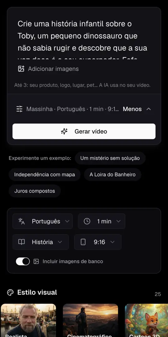 A caixa da ideia do Agente de IA num celular, com a ideia de histórias infantis escrita, o botão Adicionar imagens e Gerar vídeo embaixo.
