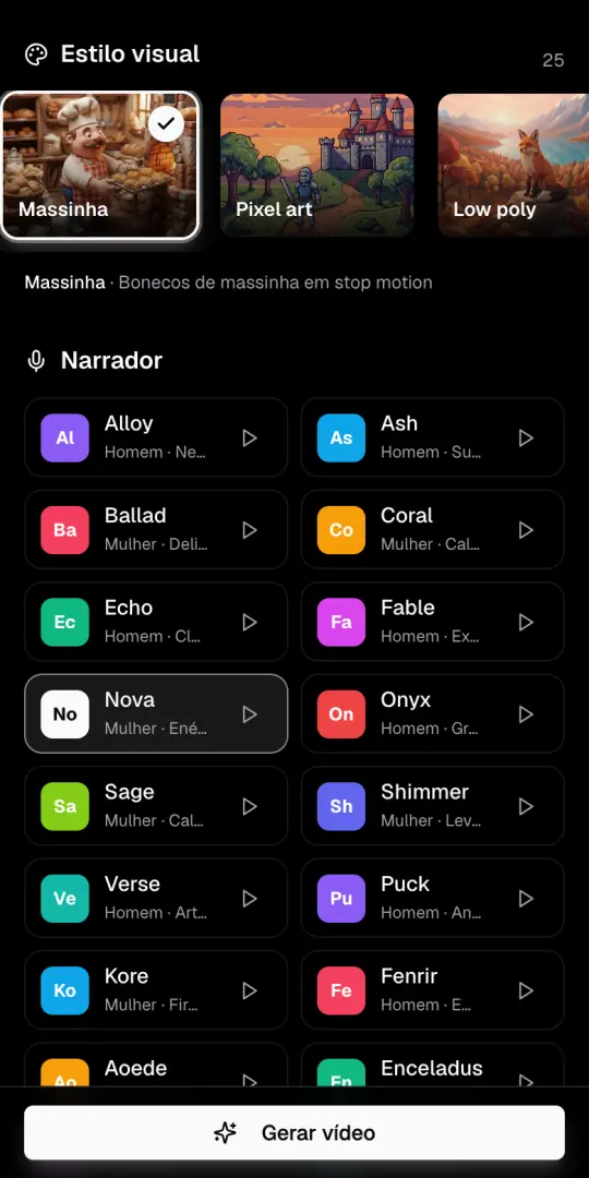 A fileira Estilo visual com o estilo Massinha marcado e a lista de narradores embaixo.
