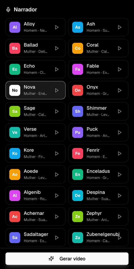A lista de vozes do Narrador com Nova marcada e o botão para ouvir cada voz.