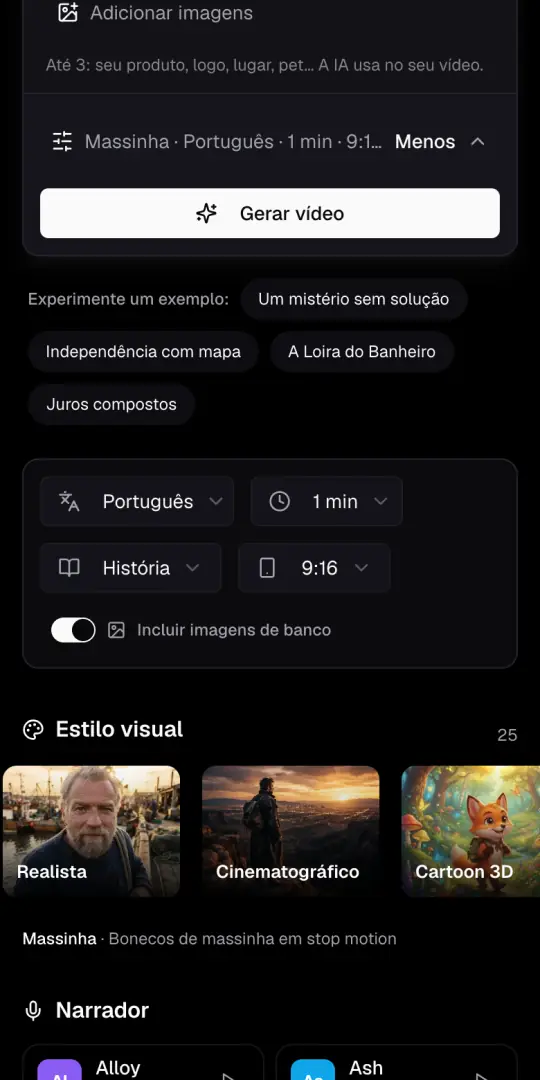 A linha de opções do Agente de IA e os menus de idioma, duração, formato e 9:16, com o botão de imagens de banco.