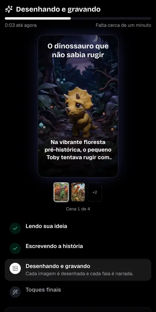 A tela «Desenhando e gravando» com a primeira imagem do vídeo de histórias infantis, a linha de narração e os quatro passos embaixo.