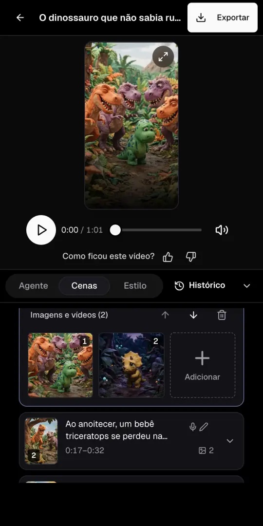 A página do vídeo de histórias infantis com a prévia em cima e a aba Cenas aberta, com as imagens da primeira cena.