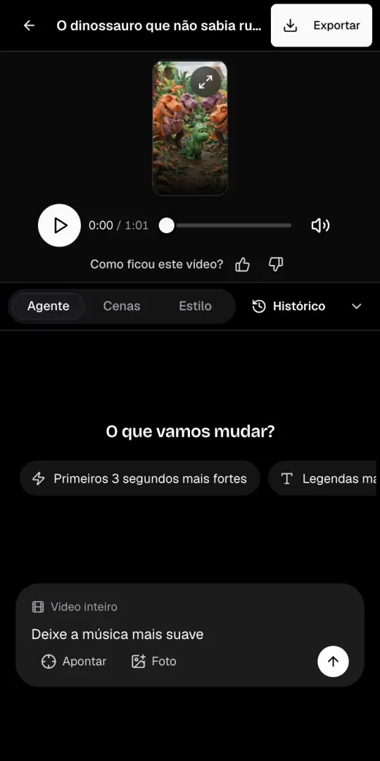 A aba Agente da página do vídeo, com o pedido «Deixe a música mais suave» escrito na caixa de chat.