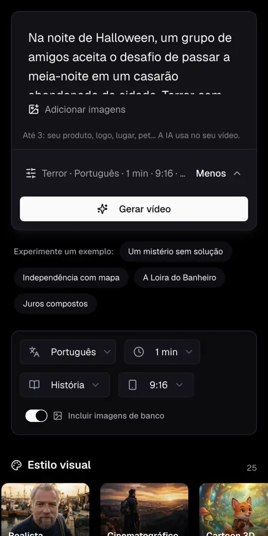 A caixa da ideia do Agente de IA num celular, com a ideia de terror escrita, o botão Adicionar imagens e Gerar vídeo embaixo.