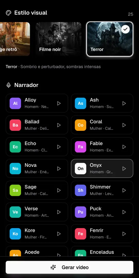 A fileira Estilo visual com o estilo Terror marcado e a lista de narradores embaixo.