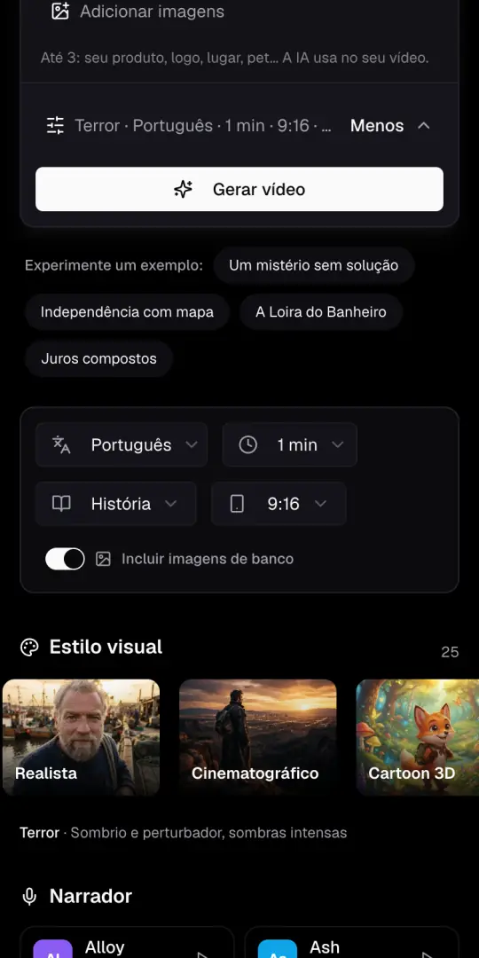 A linha de opções do Agente de IA e os menus de idioma, duração, formato e 9:16, com o botão de imagens de banco.