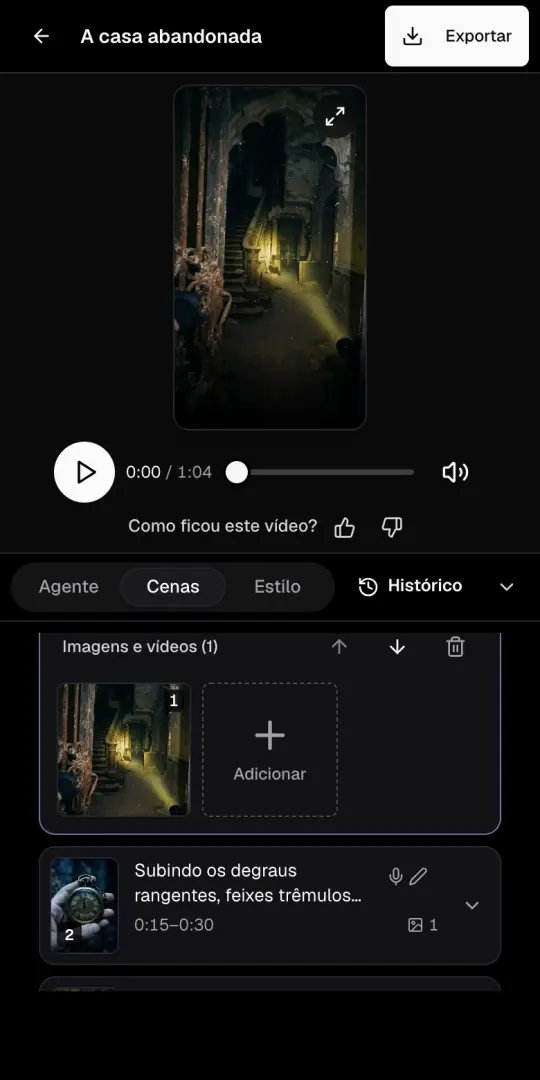 A página do vídeo de terror com a prévia em cima e a aba Cenas aberta, com as imagens da primeira cena.