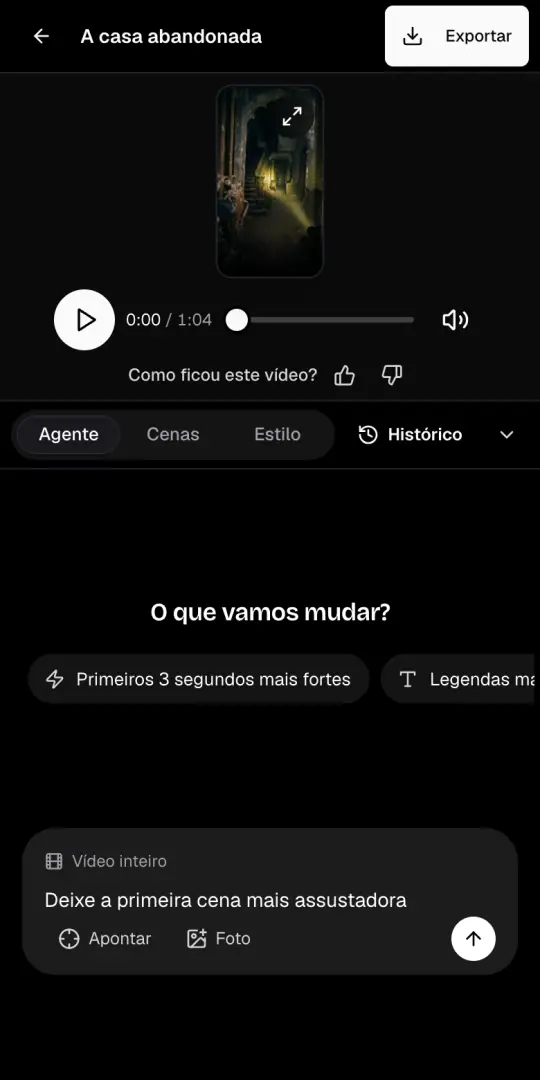 A aba Agente da página do vídeo, com o pedido «Deixe a primeira cena mais assustadora» escrito na caixa de chat.