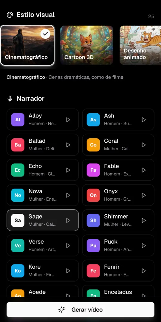 A fileira Estilo visual com o estilo Cinematográfico marcado e a lista de narradores embaixo.