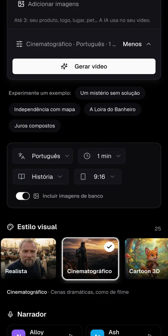A linha de opções do Agente de IA e os menus de idioma, duração, formato e 9:16, com o botão de imagens de banco.