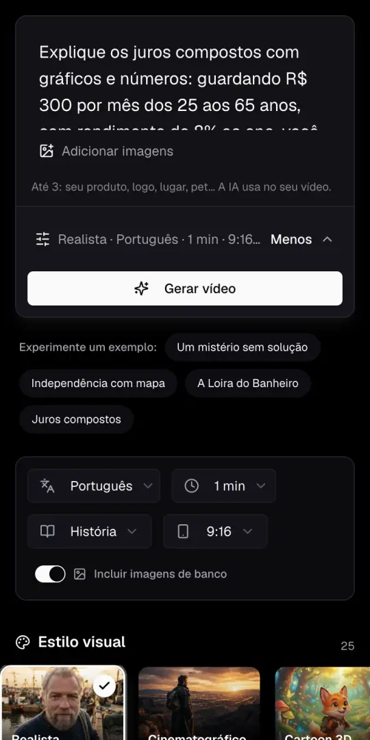 A caixa da ideia do Agente de IA num celular, com a ideia de finanças escrita, o botão Adicionar imagens e Gerar vídeo embaixo.