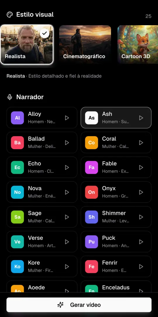 A fileira Estilo visual com o estilo Realista marcado e a lista de narradores embaixo.