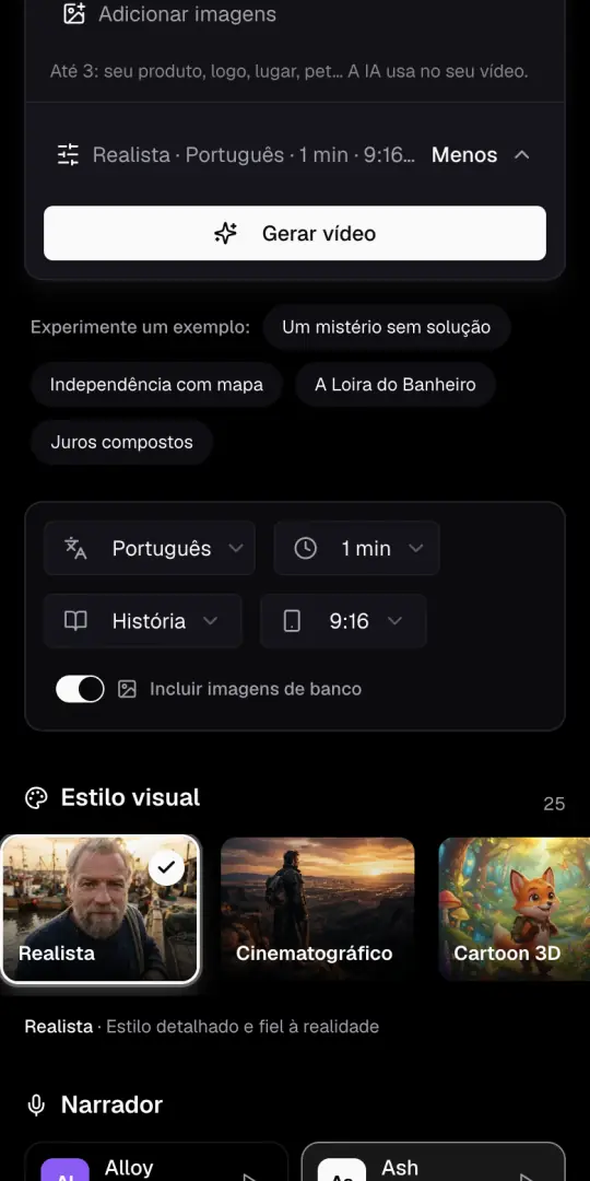 A linha de opções do Agente de IA e os menus de idioma, duração, formato e 9:16, com o botão de imagens de banco.