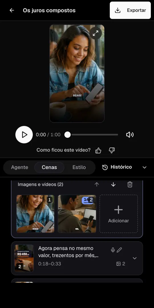 A página do vídeo de finanças com a prévia em cima e a aba Cenas aberta, com as imagens da primeira cena.