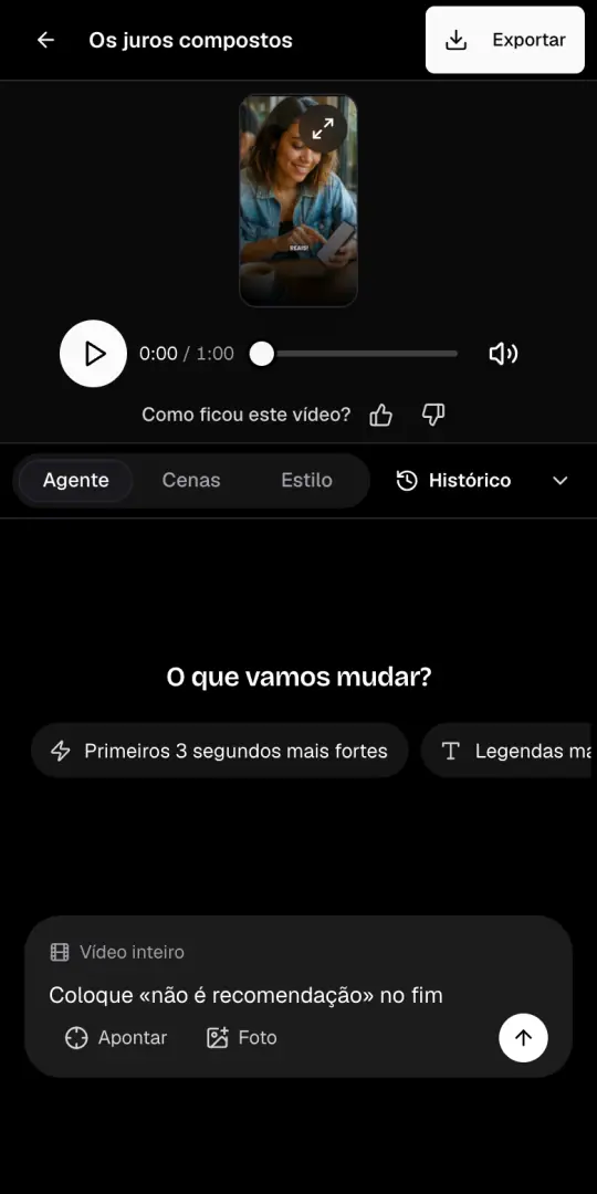 A aba Agente da página do vídeo, com o pedido «Coloque «não é recomendação» no fim» escrito na caixa de chat.