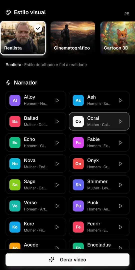 A fileira Estilo visual com o estilo Realista marcado e a lista de narradores embaixo.