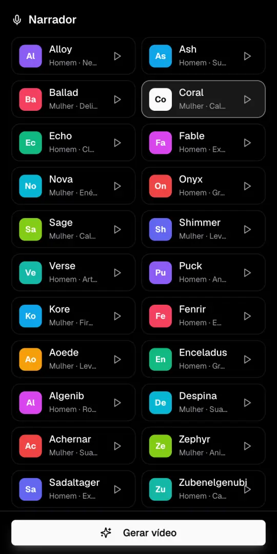 A lista de vozes do Narrador com Coral marcada e o botão para ouvir cada voz.