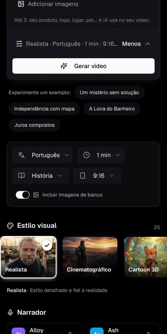 A linha de opções do Agente de IA e os menus de idioma, duração, formato e 9:16, com o botão de imagens de banco.