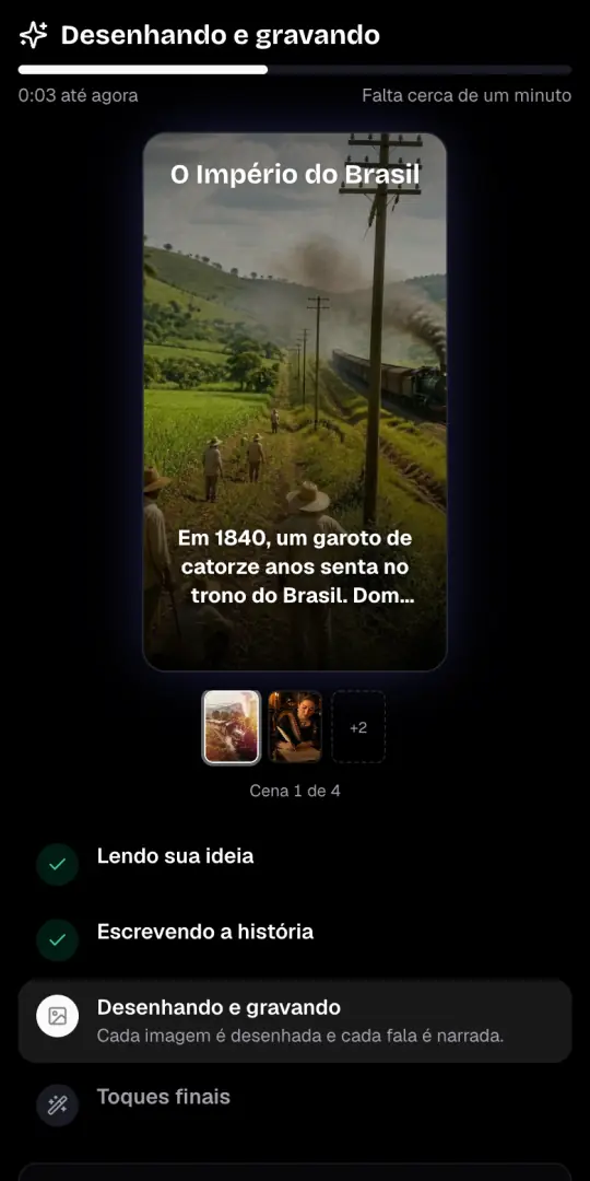 A tela «Desenhando e gravando» com a primeira imagem do vídeo de história, a linha de narração e os quatro passos embaixo.