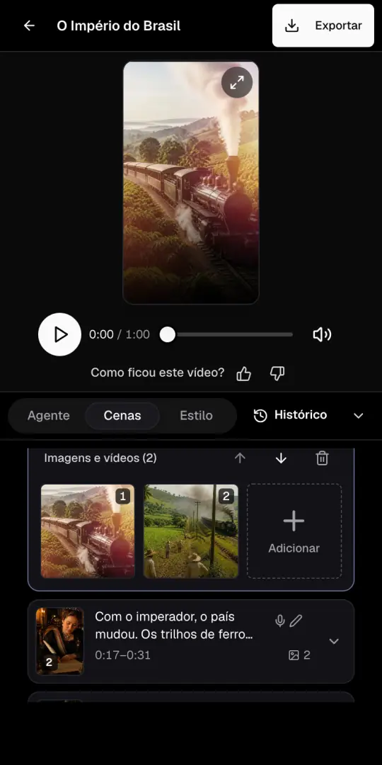 A página do vídeo de história com a prévia em cima e a aba Cenas aberta, com as imagens da primeira cena.