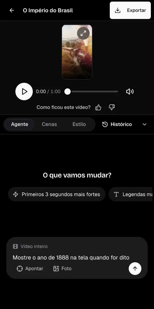 A aba Agente da página do vídeo, com o pedido «Mostre o ano de 1888 na tela quando for dito» escrito na caixa de chat.