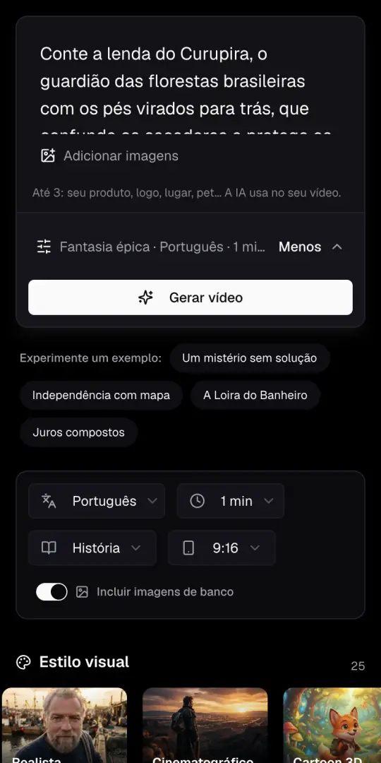 A caixa da ideia do Agente de IA num celular, com a ideia de lendas escrita, o botão Adicionar imagens e Gerar vídeo embaixo.