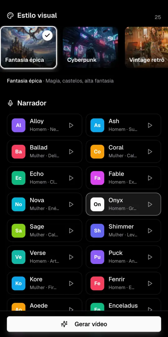 A fileira Estilo visual com o estilo Fantasia épica marcado e a lista de narradores embaixo.