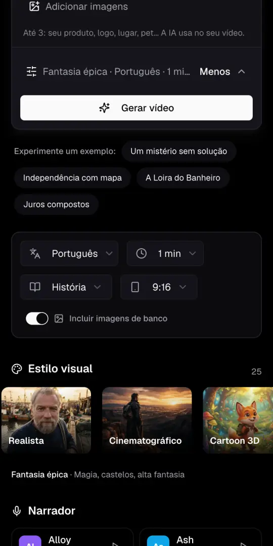 A linha de opções do Agente de IA e os menus de idioma, duração, formato e 9:16, com o botão de imagens de banco.