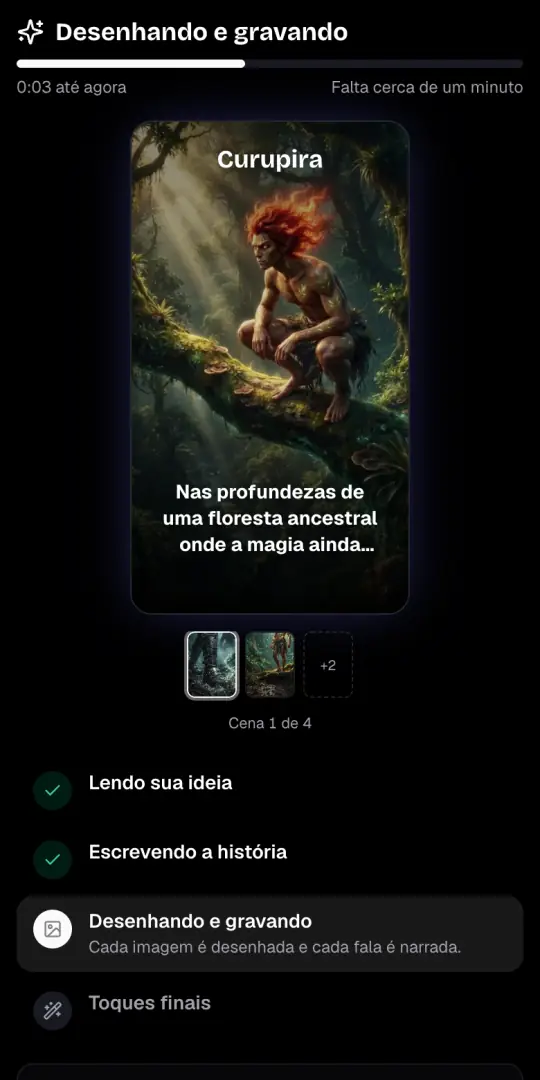 A tela «Desenhando e gravando» com a primeira imagem do vídeo de lendas, a linha de narração e os quatro passos embaixo.