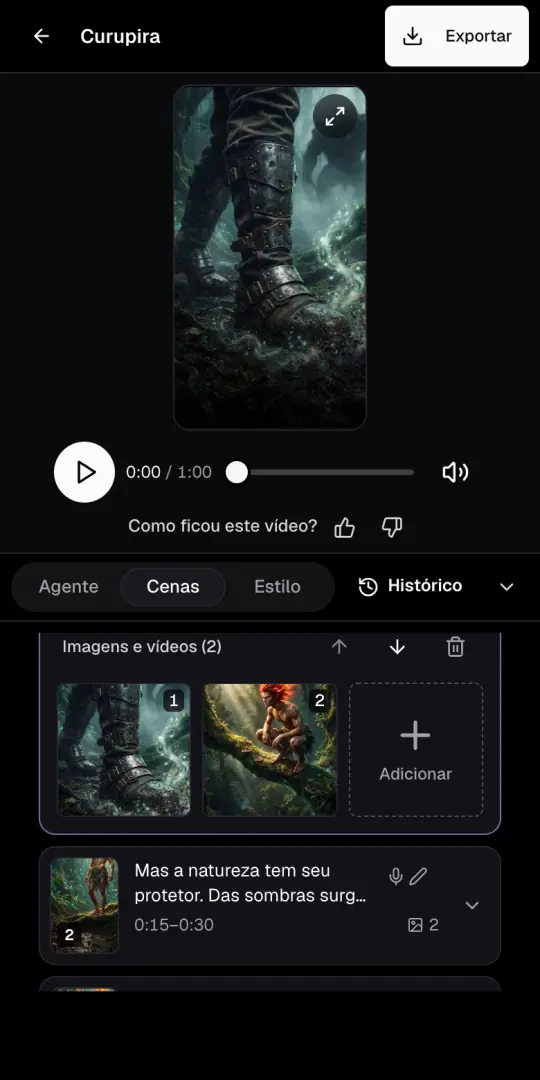 A página do vídeo de lendas com a prévia em cima e a aba Cenas aberta, com as imagens da primeira cena.
