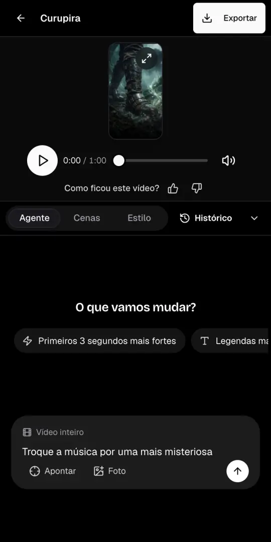 A aba Agente da página do vídeo, com o pedido «Troque a música por uma mais misteriosa» escrito na caixa de chat.