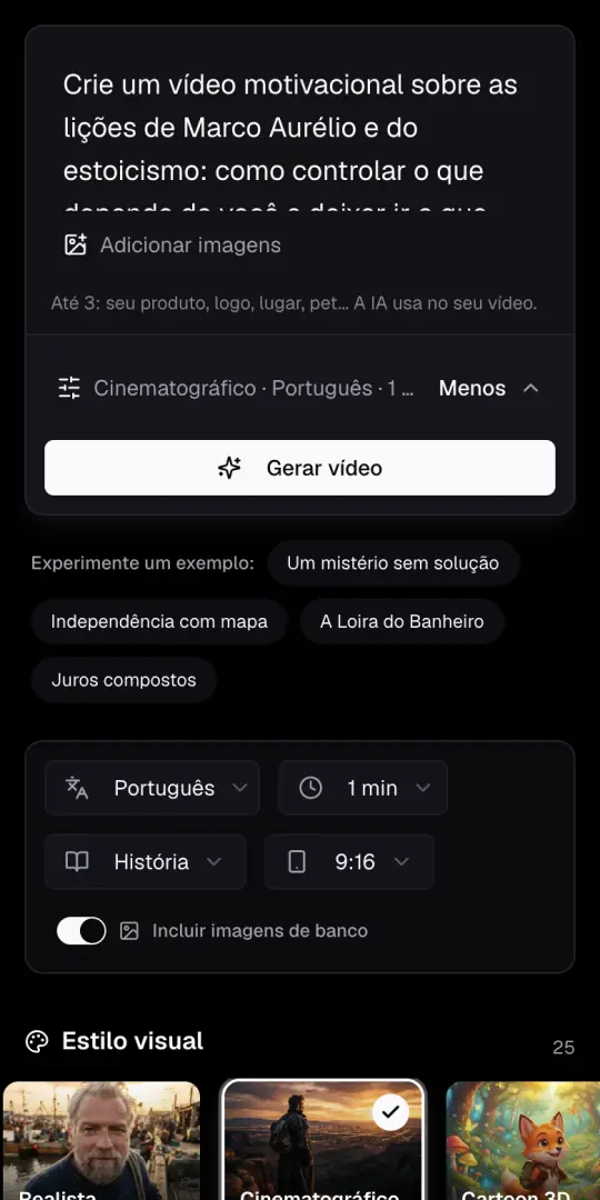 A caixa da ideia do Agente de IA num celular, com a ideia de motivação escrita, o botão Adicionar imagens e Gerar vídeo embaixo.