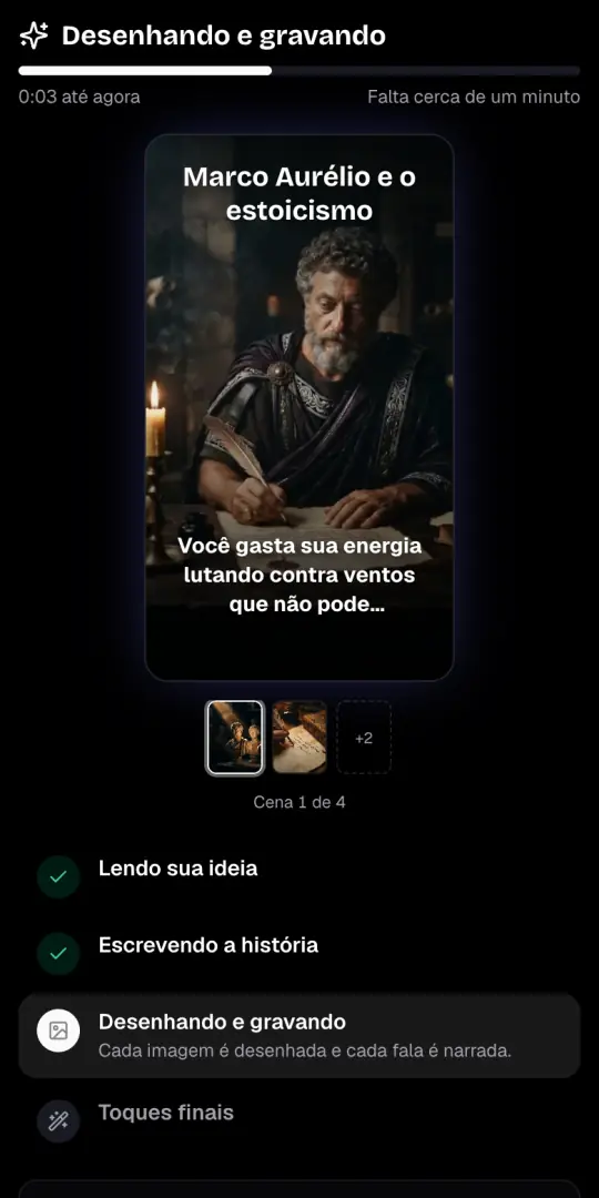 A tela «Desenhando e gravando» com a primeira imagem do vídeo de motivação, a linha de narração e os quatro passos embaixo.