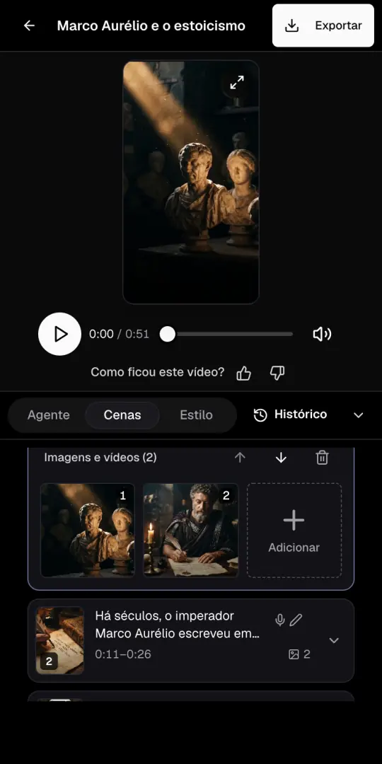 A página do vídeo de motivação com a prévia em cima e a aba Cenas aberta, com as imagens da primeira cena.