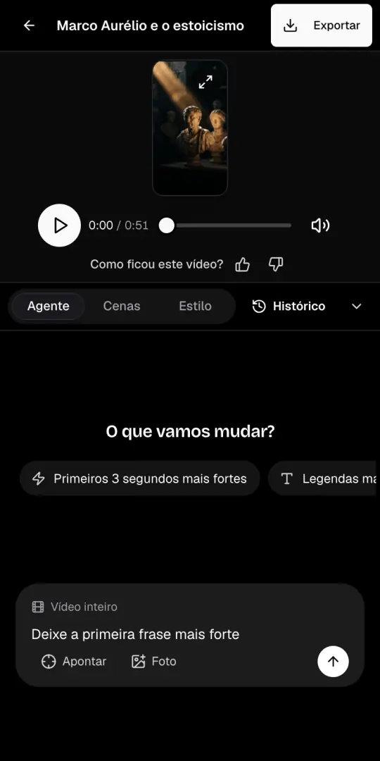 A aba Agente da página do vídeo, com o pedido «Deixe a primeira frase mais forte» escrito na caixa de chat.