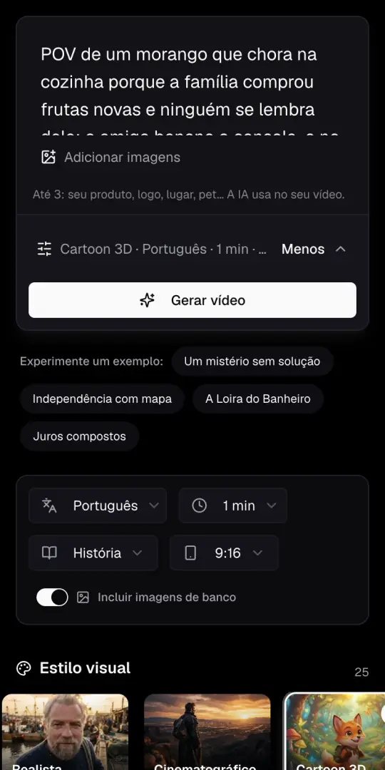 A caixa da ideia do Agente de IA num celular, com a ideia de objetos falando escrita, o botão Adicionar imagens e Gerar vídeo embaixo.