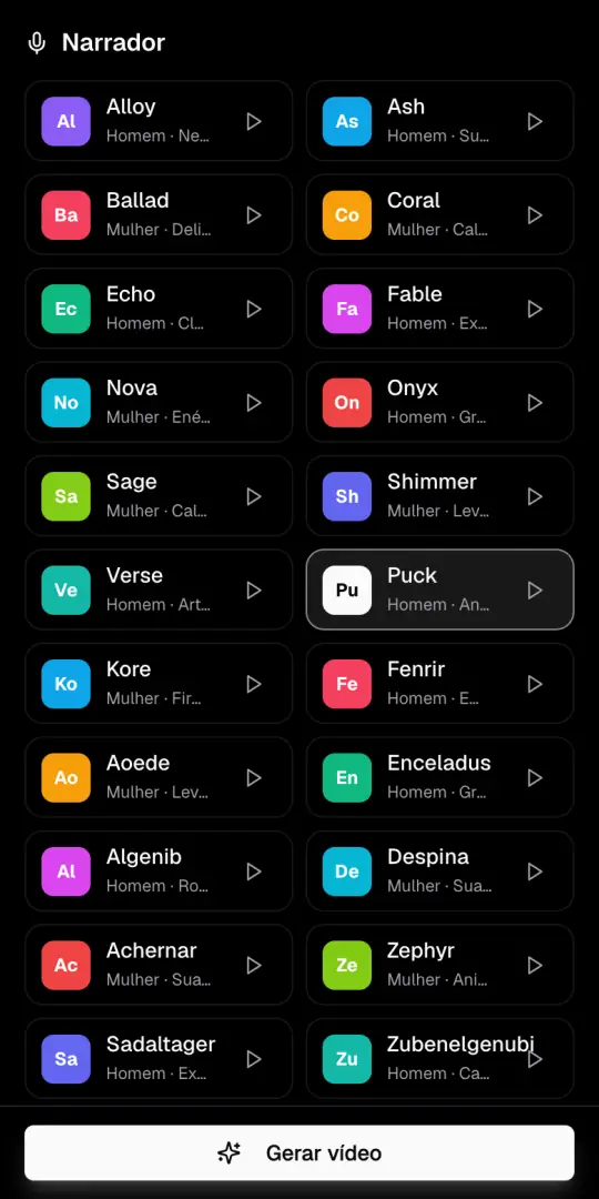 A lista de vozes do Narrador com Puck marcada e o botão para ouvir cada voz.