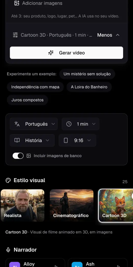 A linha de opções do Agente de IA e os menus de idioma, duração, formato e 9:16, com o botão de imagens de banco.