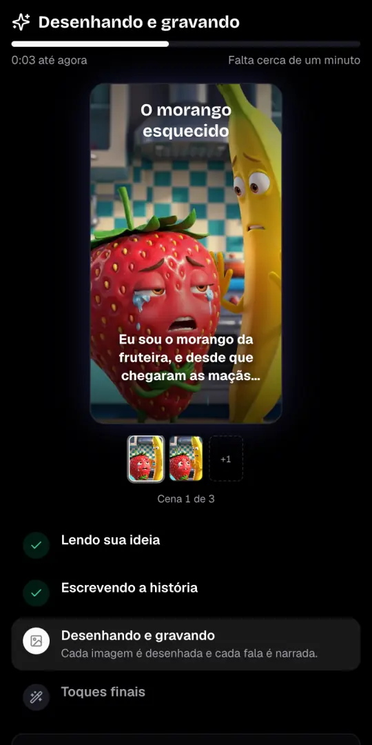 A tela «Desenhando e gravando» com a primeira imagem do vídeo de objetos falando, a linha de narração e os quatro passos embaixo.