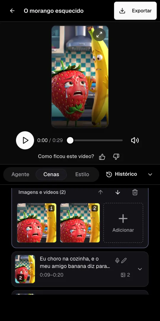 A página do vídeo de objetos falando com a prévia em cima e a aba Cenas aberta, com as imagens da primeira cena.
